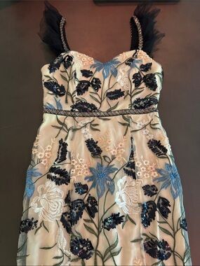 Lulu's Ivory Embroidered Floral Midi Dress with Navy and Blue Accents